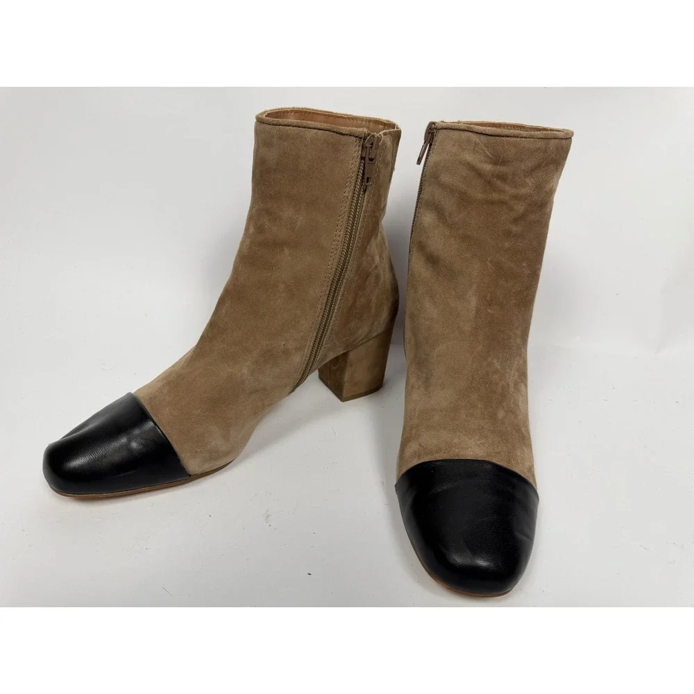 Minimalist Tan Suede Black Cap Toe Block Heel Ankle Boots Steve Madden 9.5M
